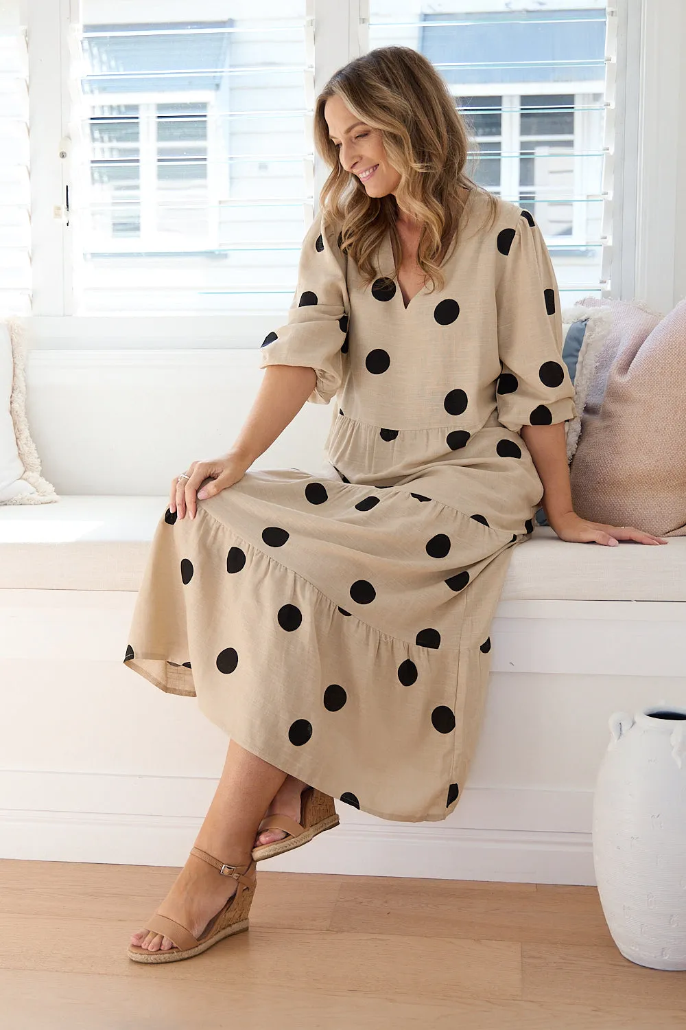 Eleanor Linen Dress - Beige/Black Spot