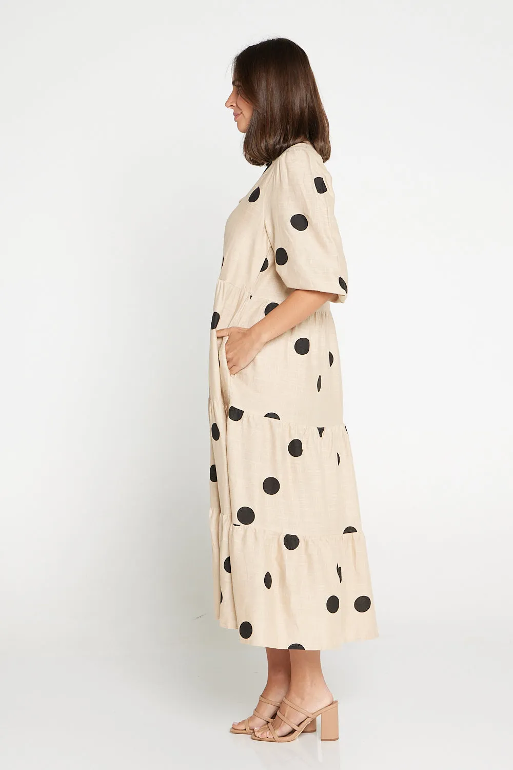 Eleanor Linen Dress - Beige/Black Spot