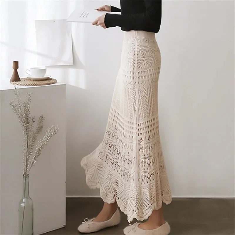 Elegant High Waist Korean Lace Crochet Sheath Wrap Chic Trendy Feminine Skirt