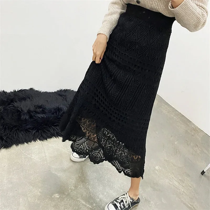 Elegant High Waist Korean Lace Crochet Sheath Wrap Chic Trendy Feminine Skirt