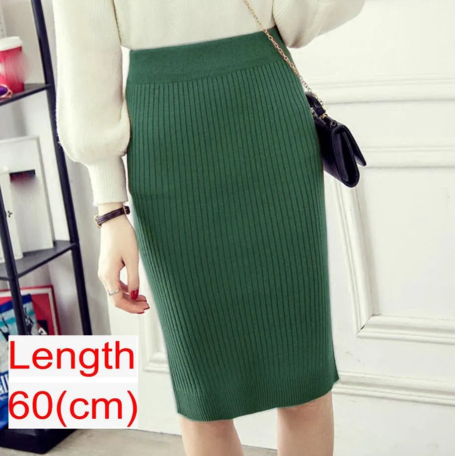 Elegant Midi Pencil Skirts High Waist Women Knitted Skirt Spring Autumn Fashion Rib Skirt Casual Split Female Casual Skirt