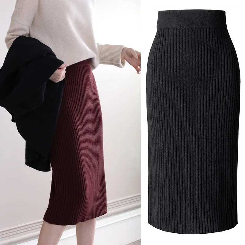 Elegant Midi Pencil Skirts High Waist Women Knitted Skirt Spring Autumn Fashion Rib Skirt Casual Split Female Casual Skirt