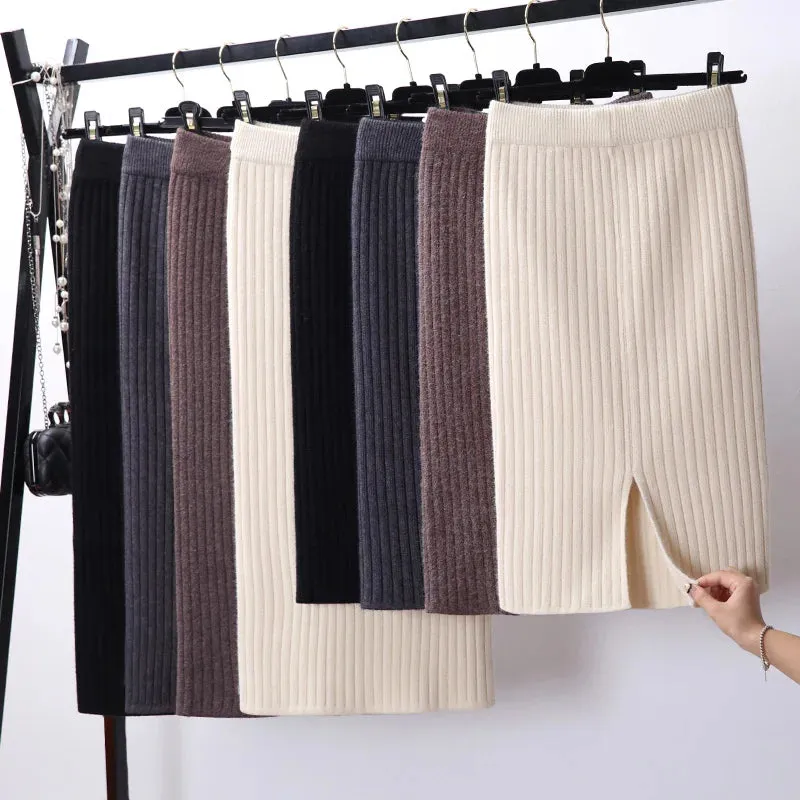 Elegant Midi Pencil Skirts High Waist Women Knitted Skirt Spring Autumn Fashion Rib Skirt Casual Split Female Casual Skirt