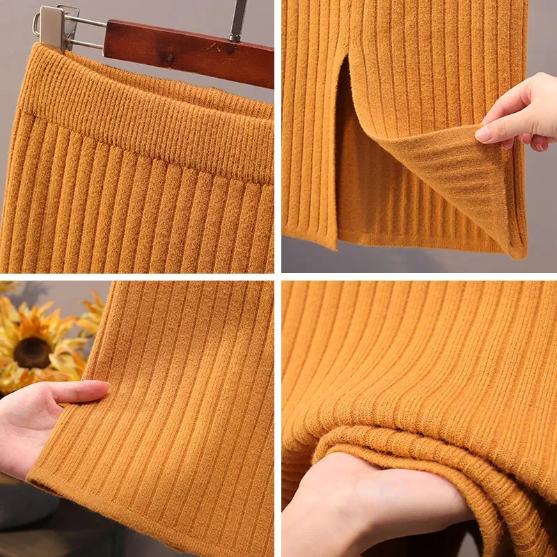 Elegant Midi Pencil Skirts High Waist Women Knitted Skirt Spring Autumn Fashion Rib Skirt Casual Split Female Casual Skirt