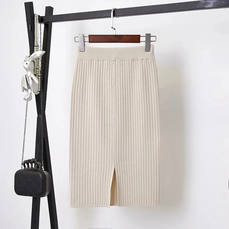 Elegant Midi Pencil Skirts High Waist Women Knitted Skirt Spring Autumn Fashion Rib Skirt Casual Split Female Casual Skirt