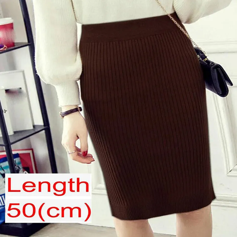 Elegant Midi Pencil Skirts High Waist Women Knitted Skirt Spring Autumn Fashion Rib Skirt Casual Split Female Casual Skirt