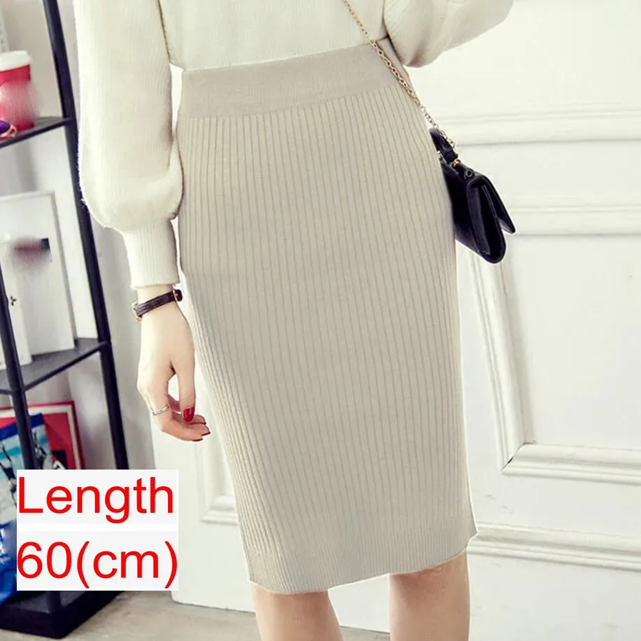 Elegant Midi Pencil Skirts High Waist Women Knitted Skirt Spring Autumn Fashion Rib Skirt Casual Split Female Casual Skirt