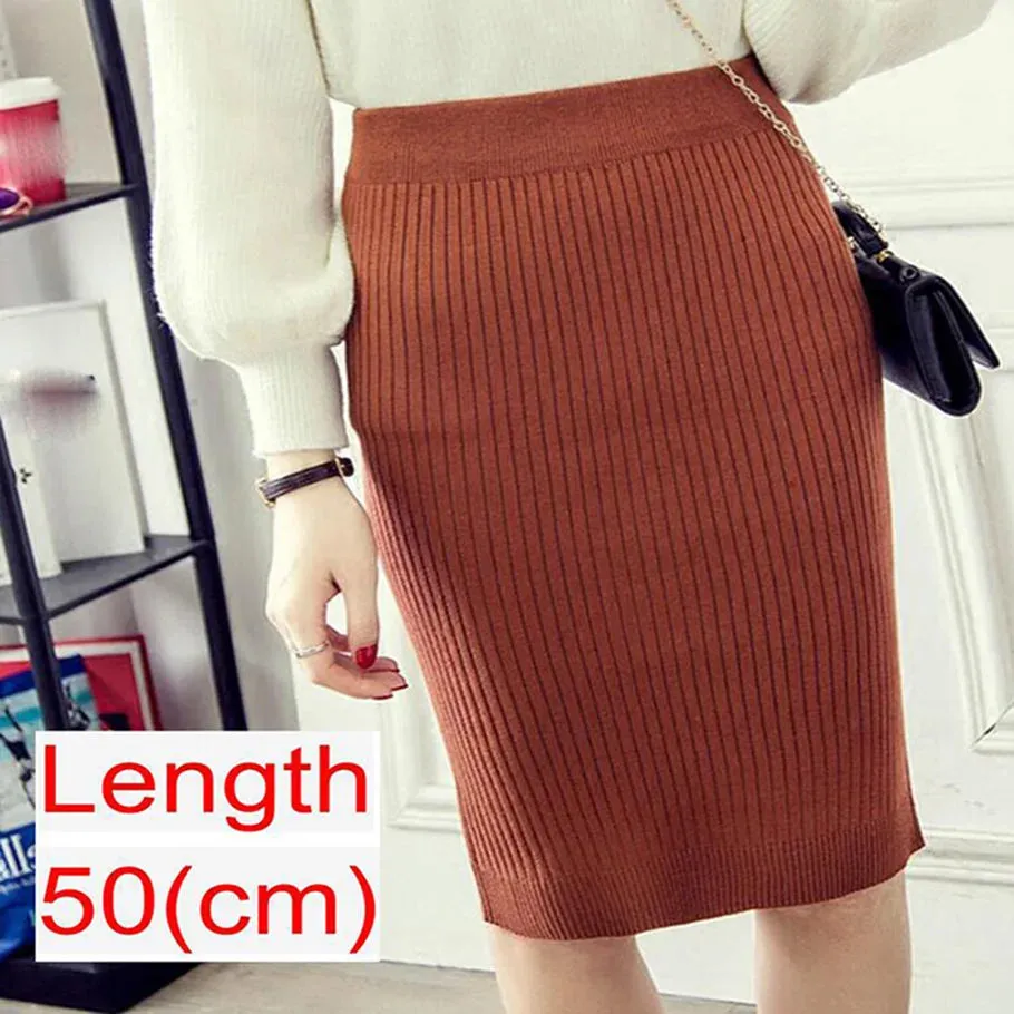 Elegant Midi Pencil Skirts High Waist Women Knitted Skirt Spring Autumn Fashion Rib Skirt Casual Split Female Casual Skirt