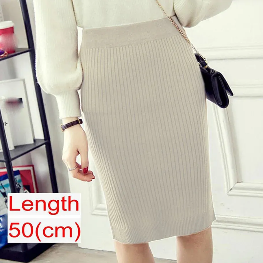 Elegant Midi Pencil Skirts High Waist Women Knitted Skirt Spring Autumn Fashion Rib Skirt Casual Split Female Casual Skirt