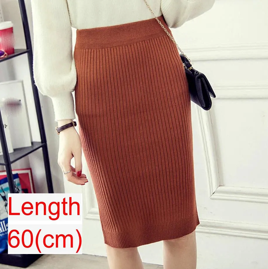 Elegant Midi Pencil Skirts High Waist Women Knitted Skirt Spring Autumn Fashion Rib Skirt Casual Split Female Casual Skirt