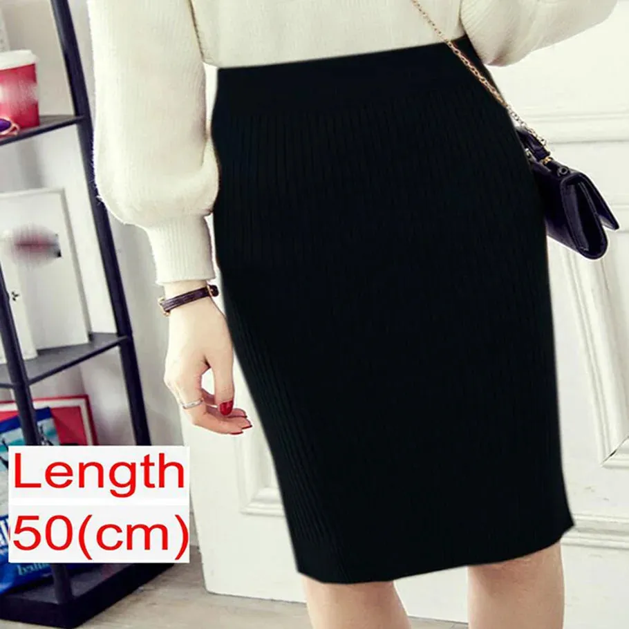 Elegant Midi Pencil Skirts High Waist Women Knitted Skirt Spring Autumn Fashion Rib Skirt Casual Split Female Casual Skirt