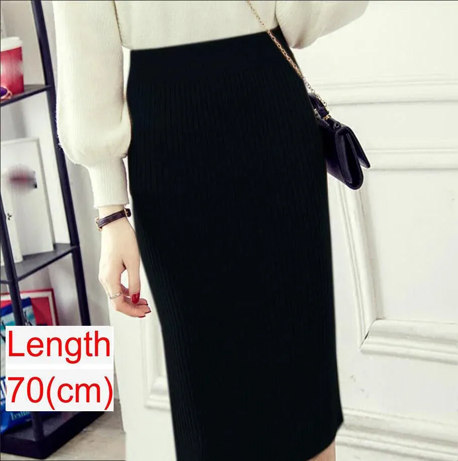 Elegant Midi Pencil Skirts High Waist Women Knitted Skirt Spring Autumn Fashion Rib Skirt Casual Split Female Casual Skirt