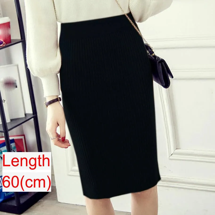 Elegant Midi Pencil Skirts High Waist Women Knitted Skirt Spring Autumn Fashion Rib Skirt Casual Split Female Casual Skirt