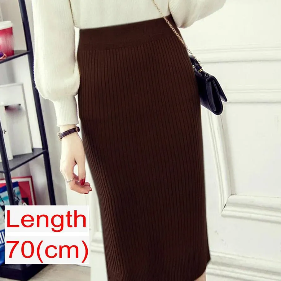 Elegant Midi Pencil Skirts High Waist Women Knitted Skirt Spring Autumn Fashion Rib Skirt Casual Split Female Casual Skirt