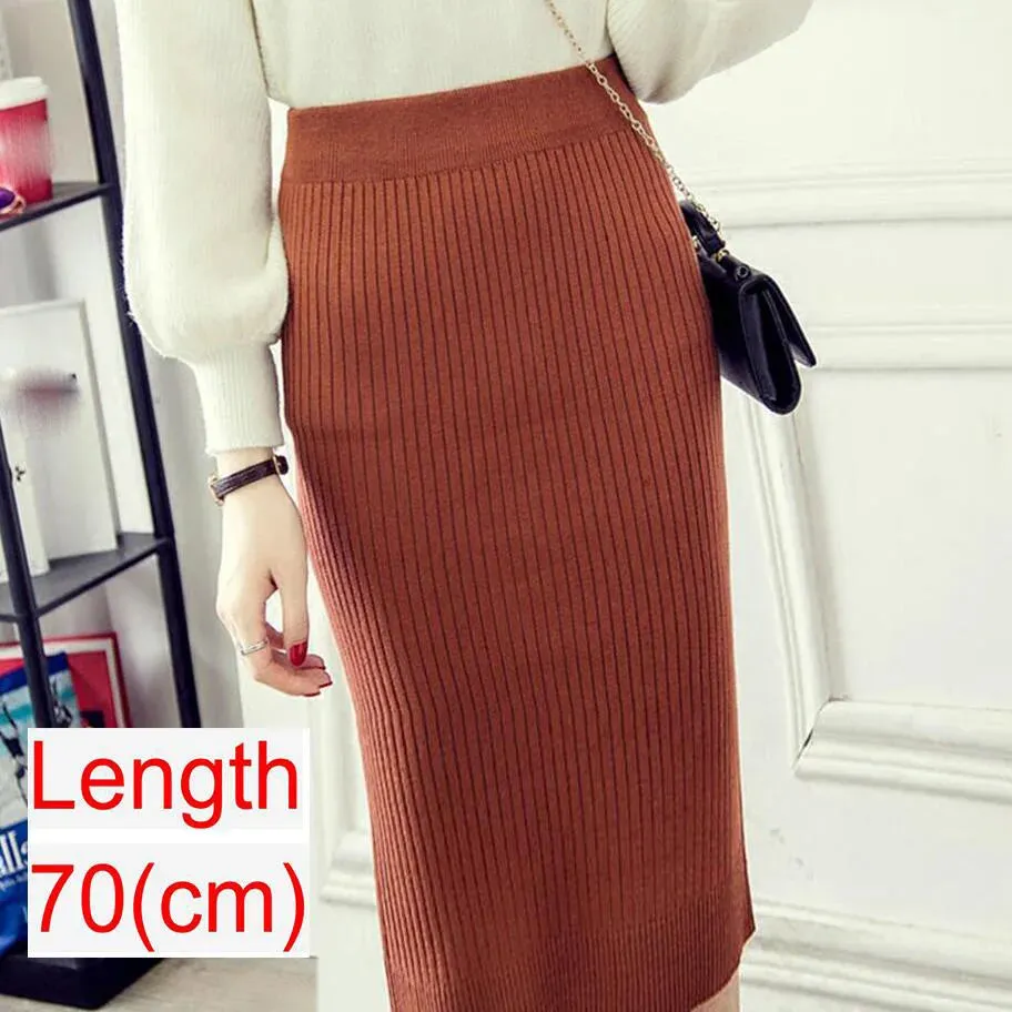 Elegant Midi Pencil Skirts High Waist Women Knitted Skirt Spring Autumn Fashion Rib Skirt Casual Split Female Casual Skirt