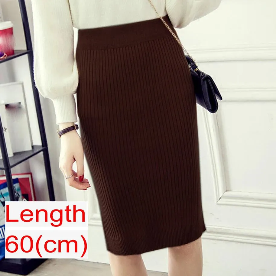 Elegant Midi Pencil Skirts High Waist Women Knitted Skirt Spring Autumn Fashion Rib Skirt Casual Split Female Casual Skirt