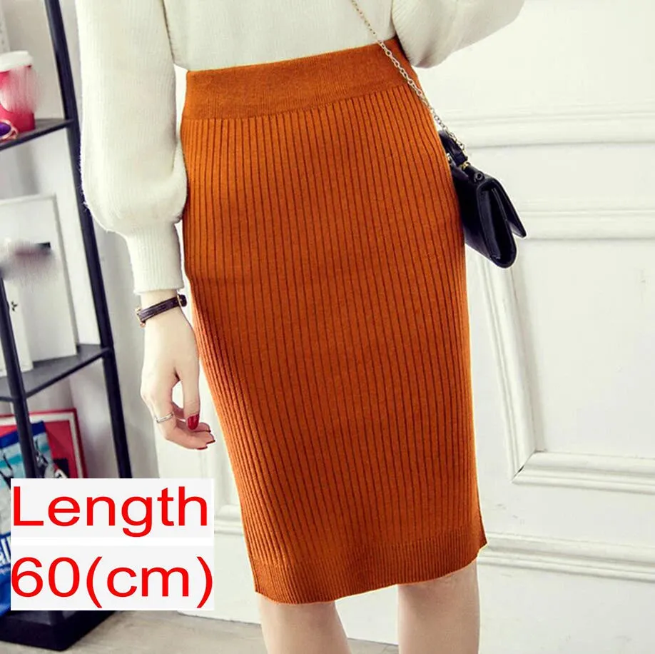 Elegant Midi Pencil Skirts High Waist Women Knitted Skirt Spring Autumn Fashion Rib Skirt Casual Split Female Casual Skirt