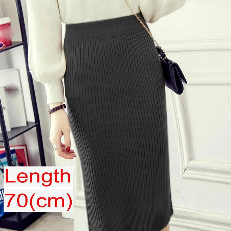 Elegant Midi Pencil Skirts High Waist Women Knitted Skirt Spring Autumn Fashion Rib Skirt Casual Split Female Casual Skirt