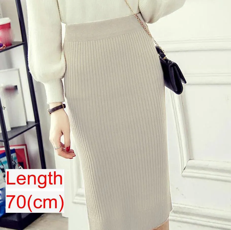 Elegant Midi Pencil Skirts High Waist Women Knitted Skirt Spring Autumn Fashion Rib Skirt Casual Split Female Casual Skirt