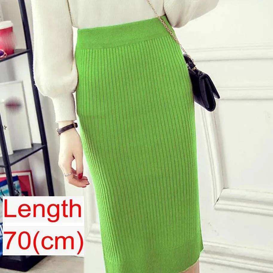 Elegant Midi Pencil Skirts High Waist Women Knitted Skirt Spring Autumn Fashion Rib Skirt Casual Split Female Casual Skirt