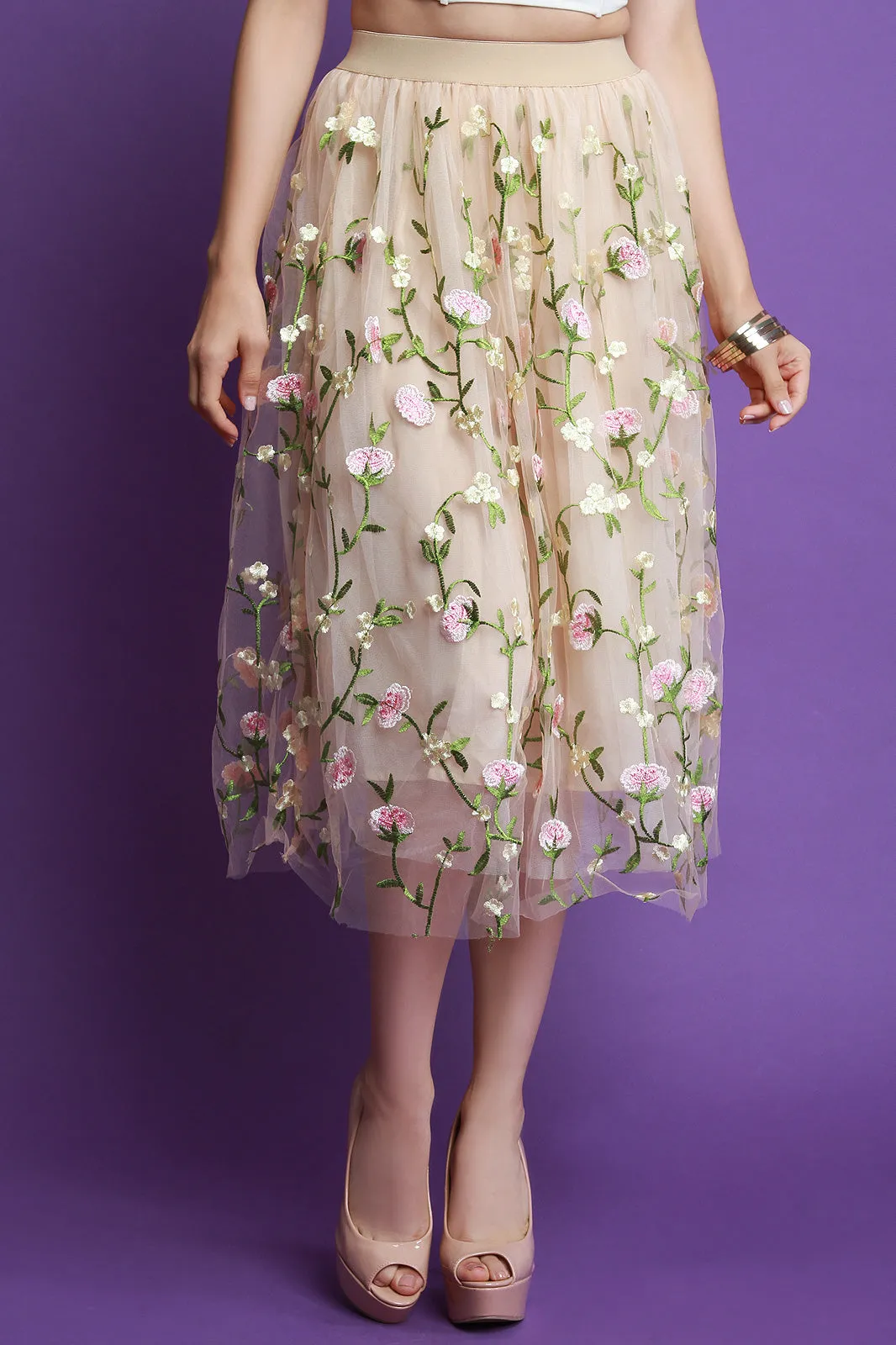 Embroidered Floral Mesh A-Line Skirt