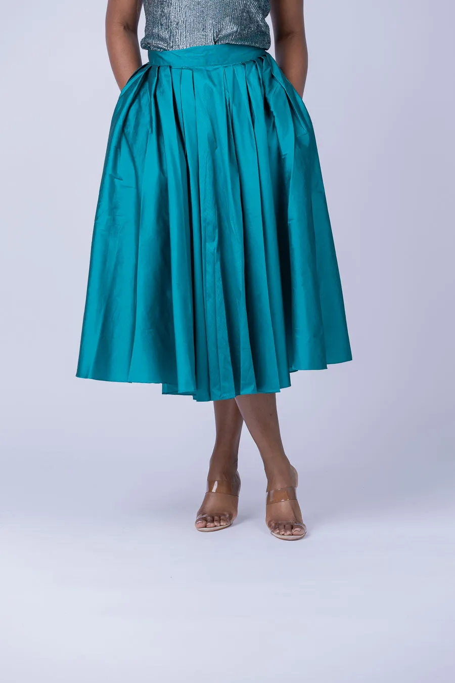 Emily Shalant Taffeta Tea Length Midi Skirt in Peacock