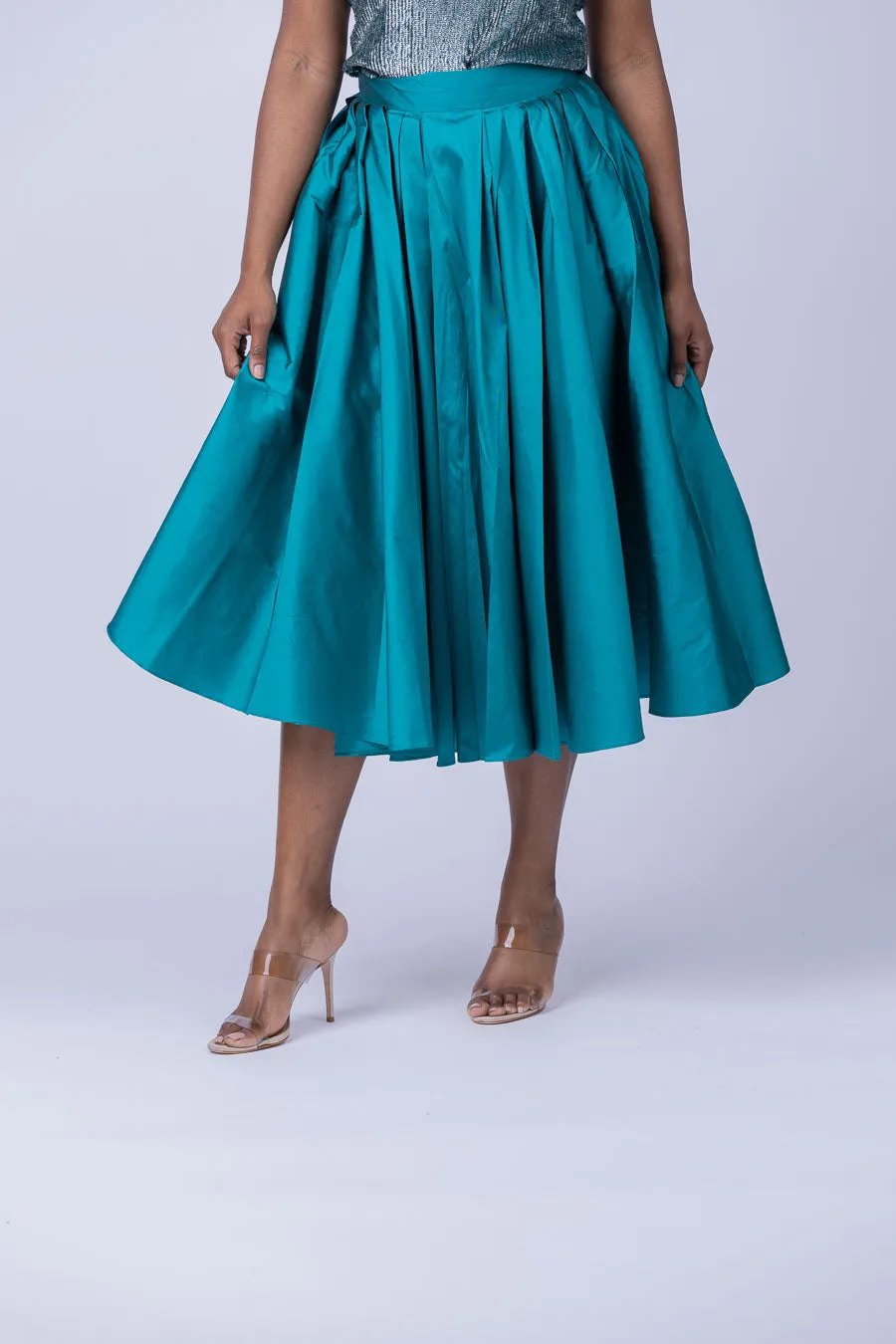 Emily Shalant Taffeta Tea Length Midi Skirt in Peacock