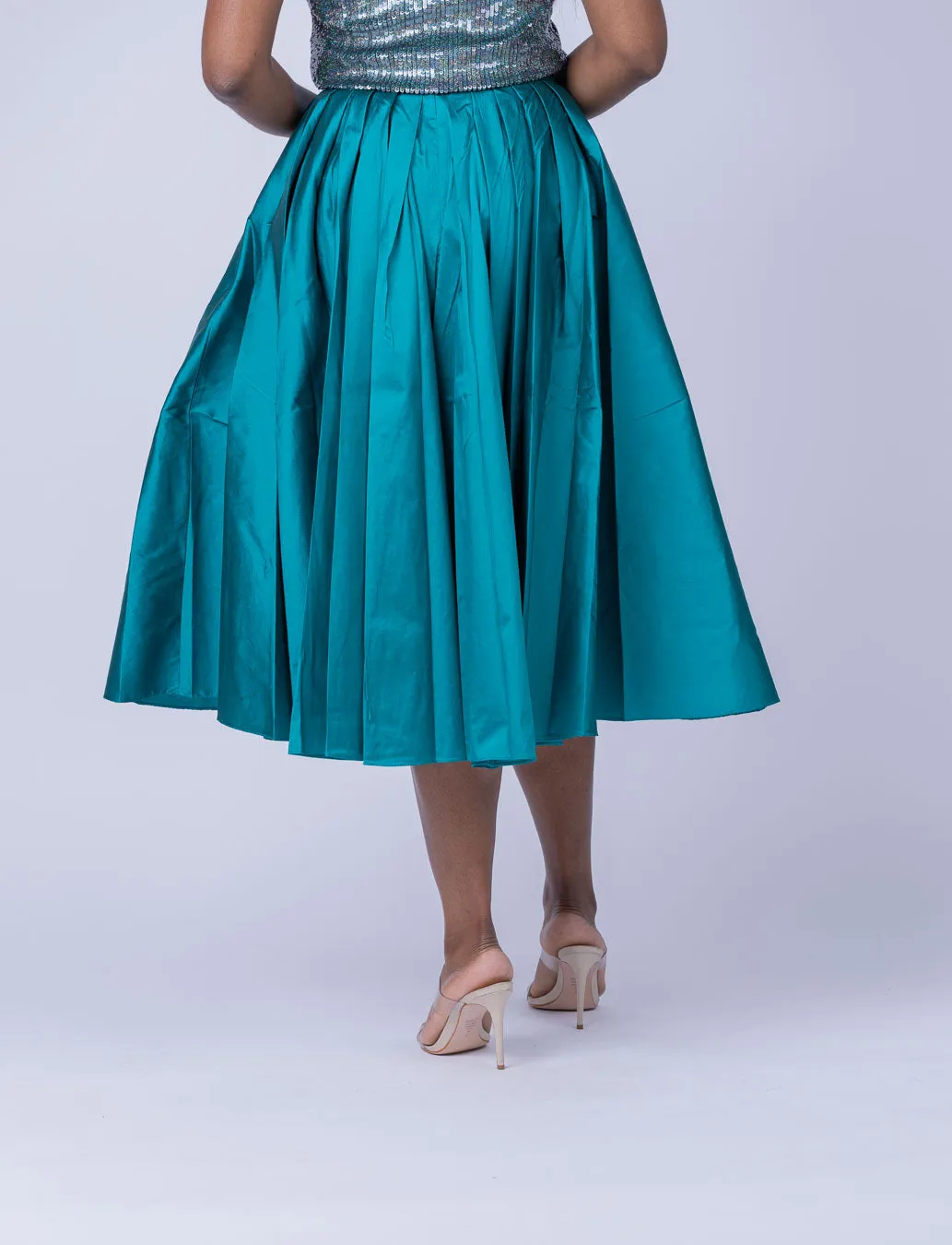 Emily Shalant Taffeta Tea Length Midi Skirt in Peacock