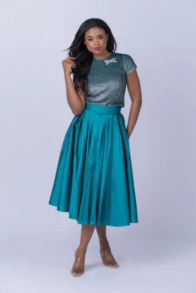 Emily Shalant Taffeta Tea Length Midi Skirt in Peacock