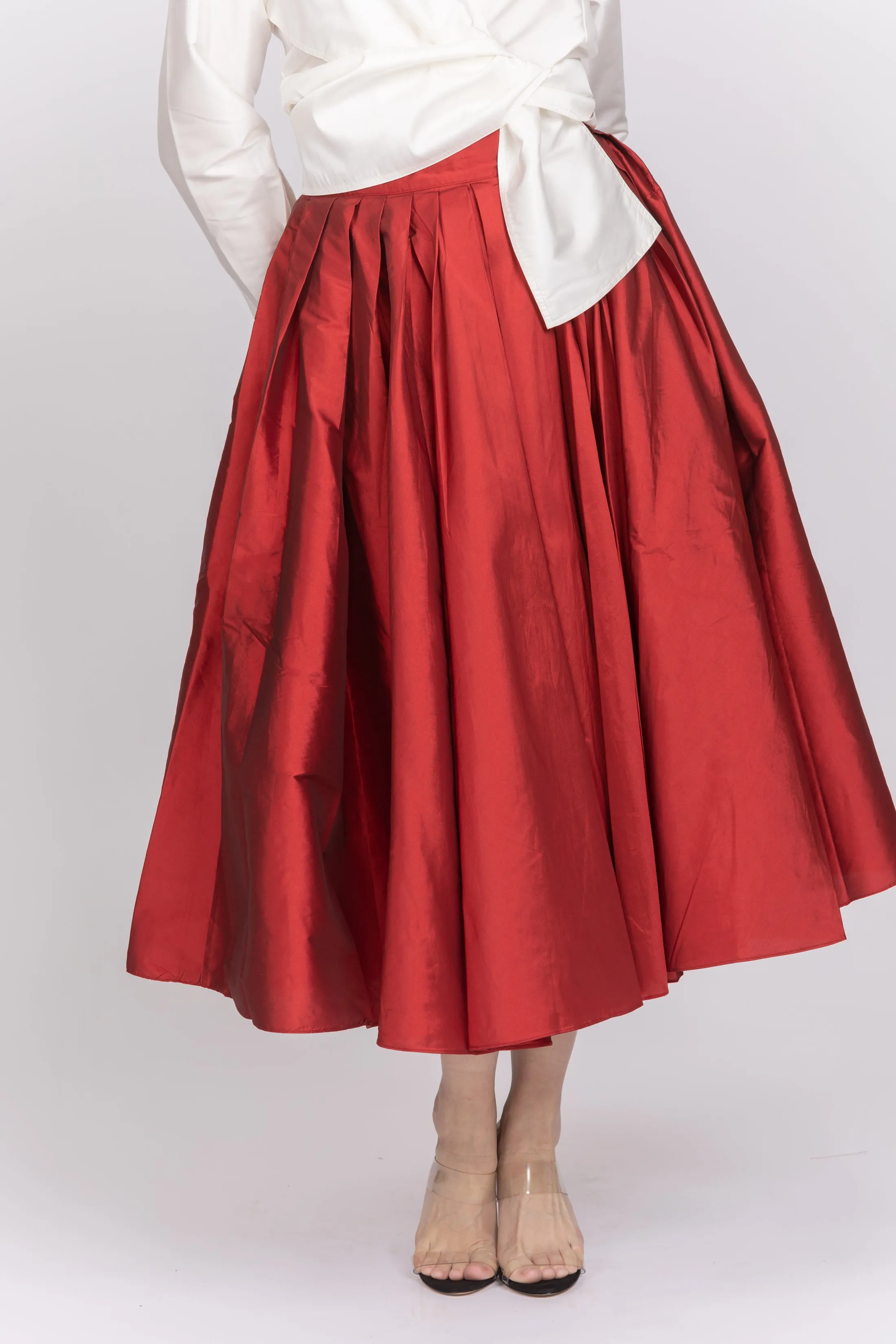 Emily Shalant Taffeta Tea Length Midi Skirt in Red