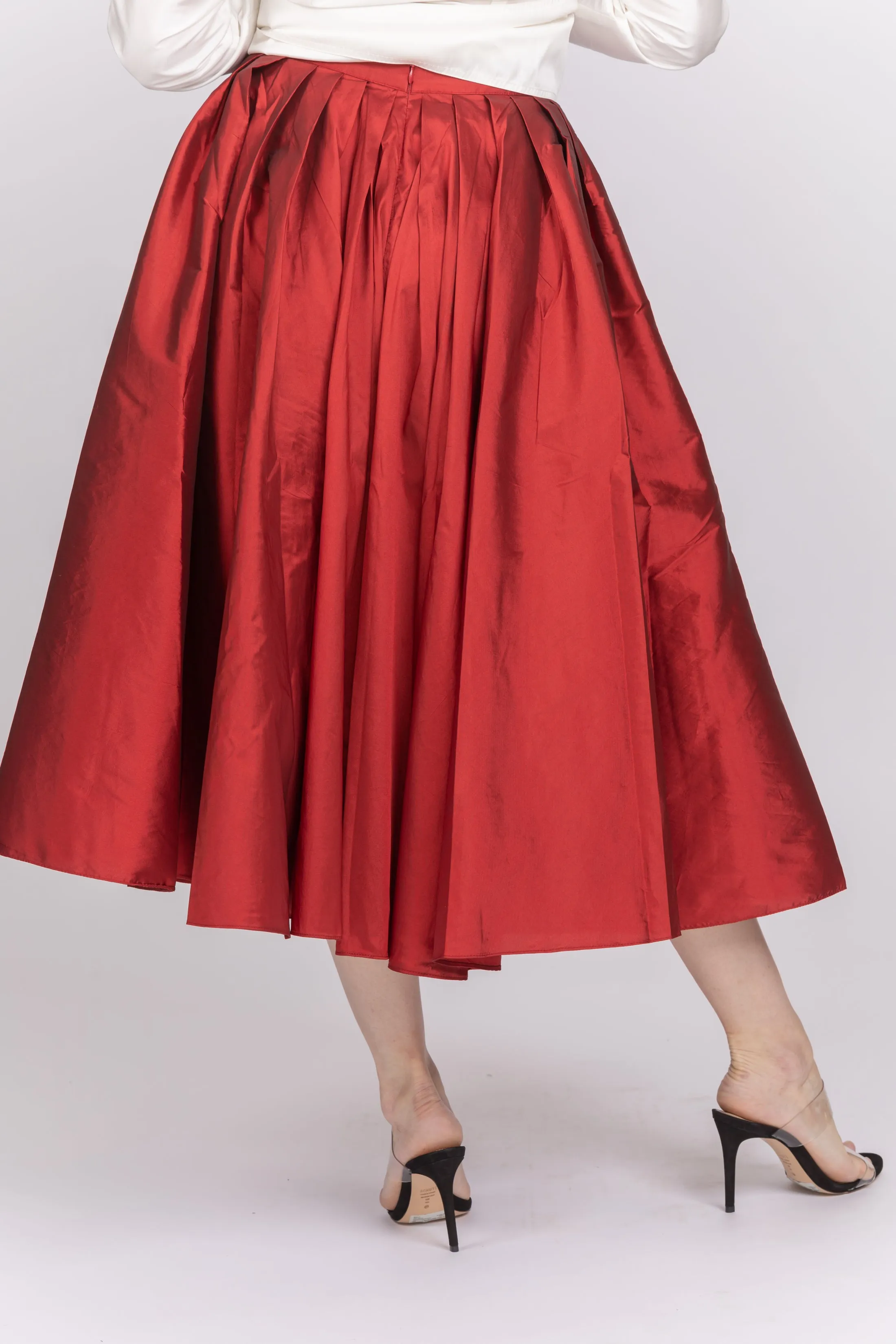 Emily Shalant Taffeta Tea Length Midi Skirt in Red