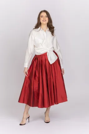 Emily Shalant Taffeta Tea Length Midi Skirt in Red