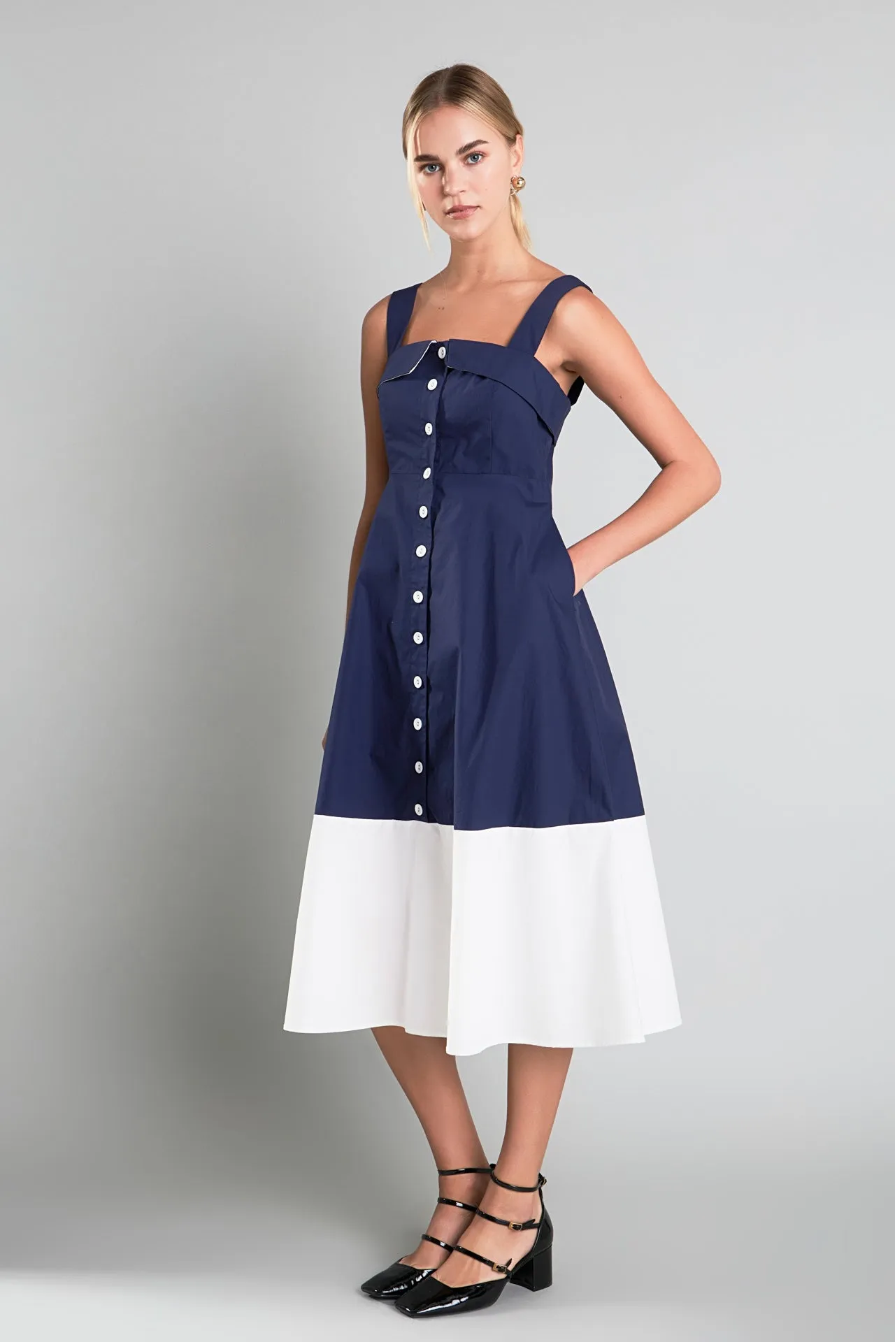 English Factory - Navy & White Color Block Midi Dress