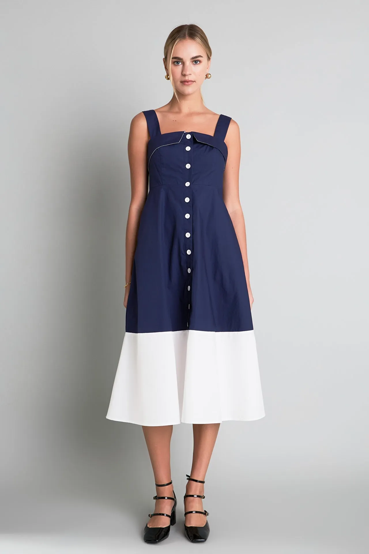 English Factory - Navy & White Color Block Midi Dress