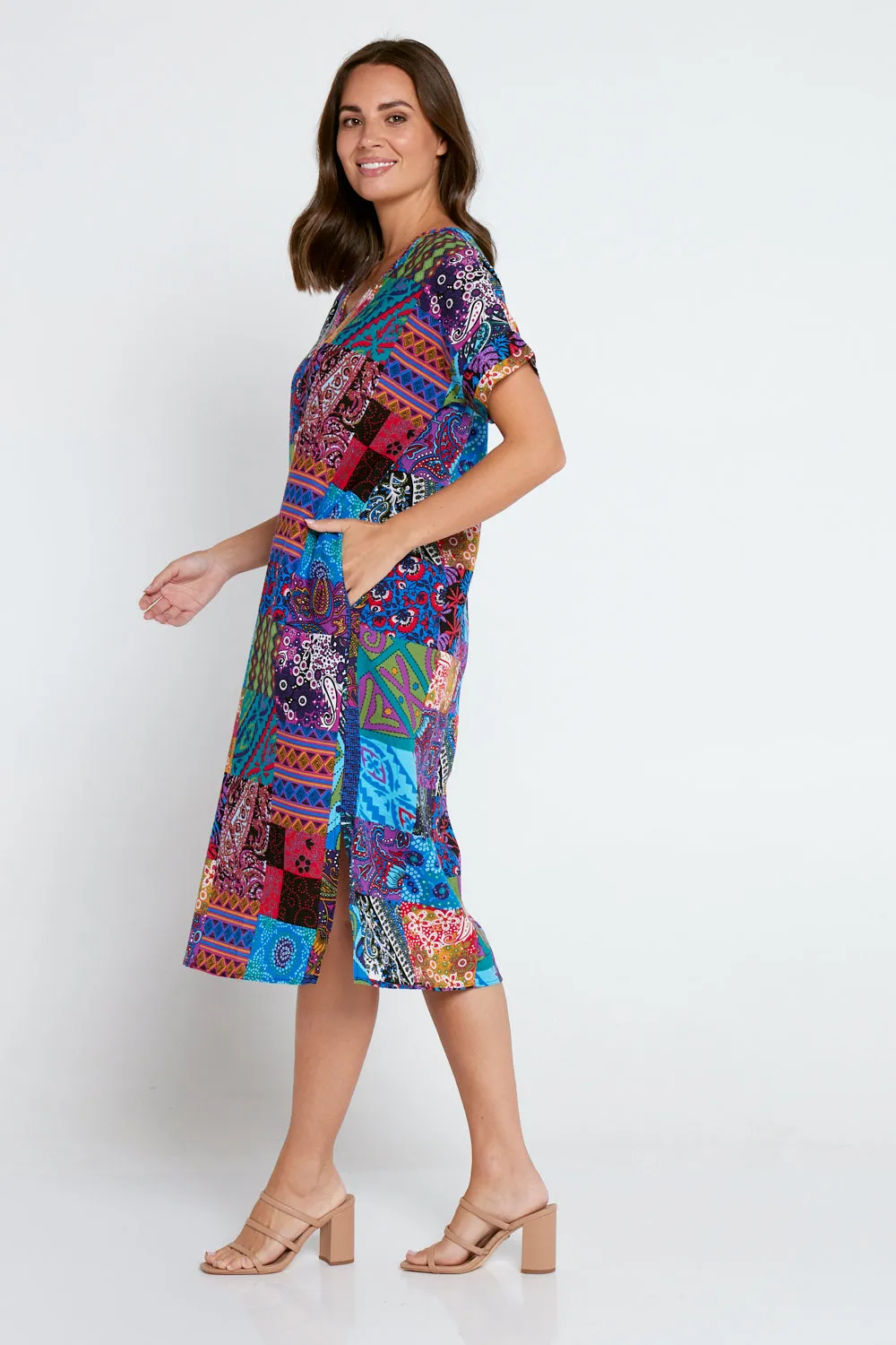 Esiteri Cotton Dress - Blue Patchwork