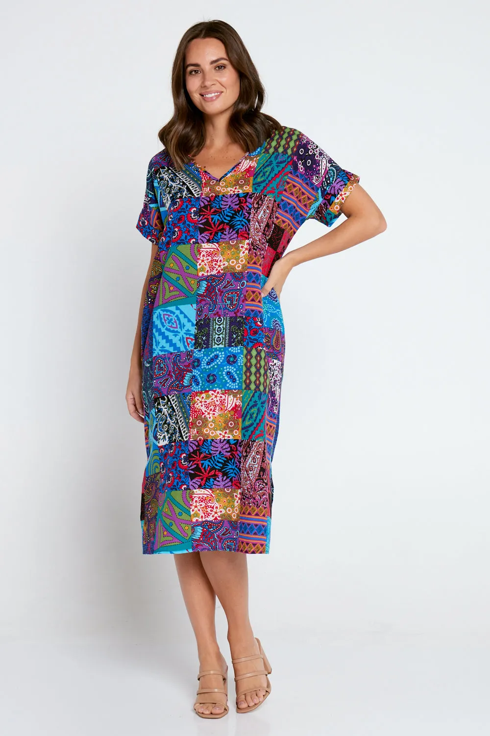 Esiteri Cotton Dress - Blue Patchwork