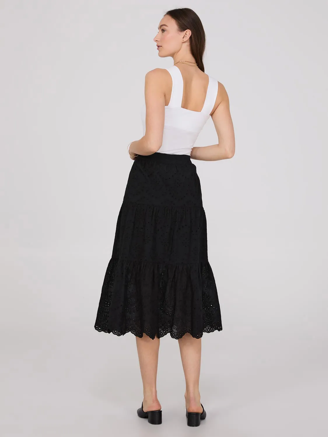 Eyelet Tiered Midi Skirt With Scalloped Hem