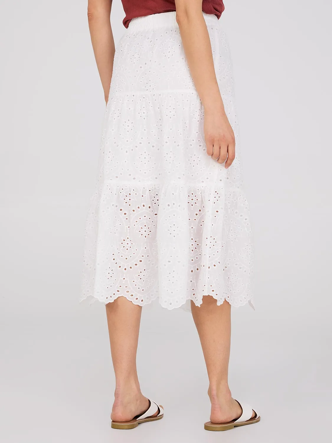 Eyelet Tiered Midi Skirt With Scalloped Hem