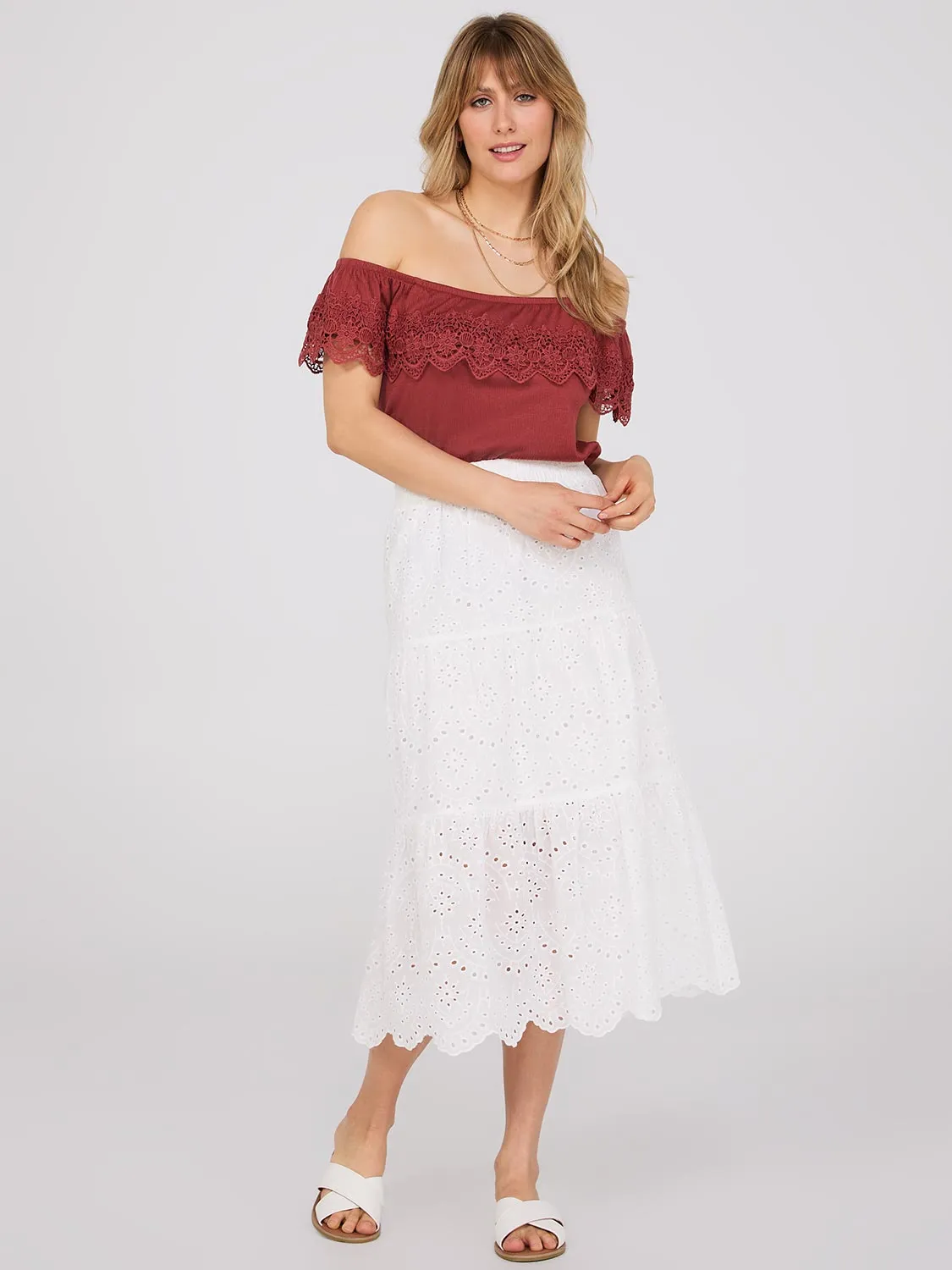 Eyelet Tiered Midi Skirt With Scalloped Hem