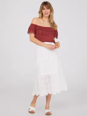 Eyelet Tiered Midi Skirt With Scalloped Hem