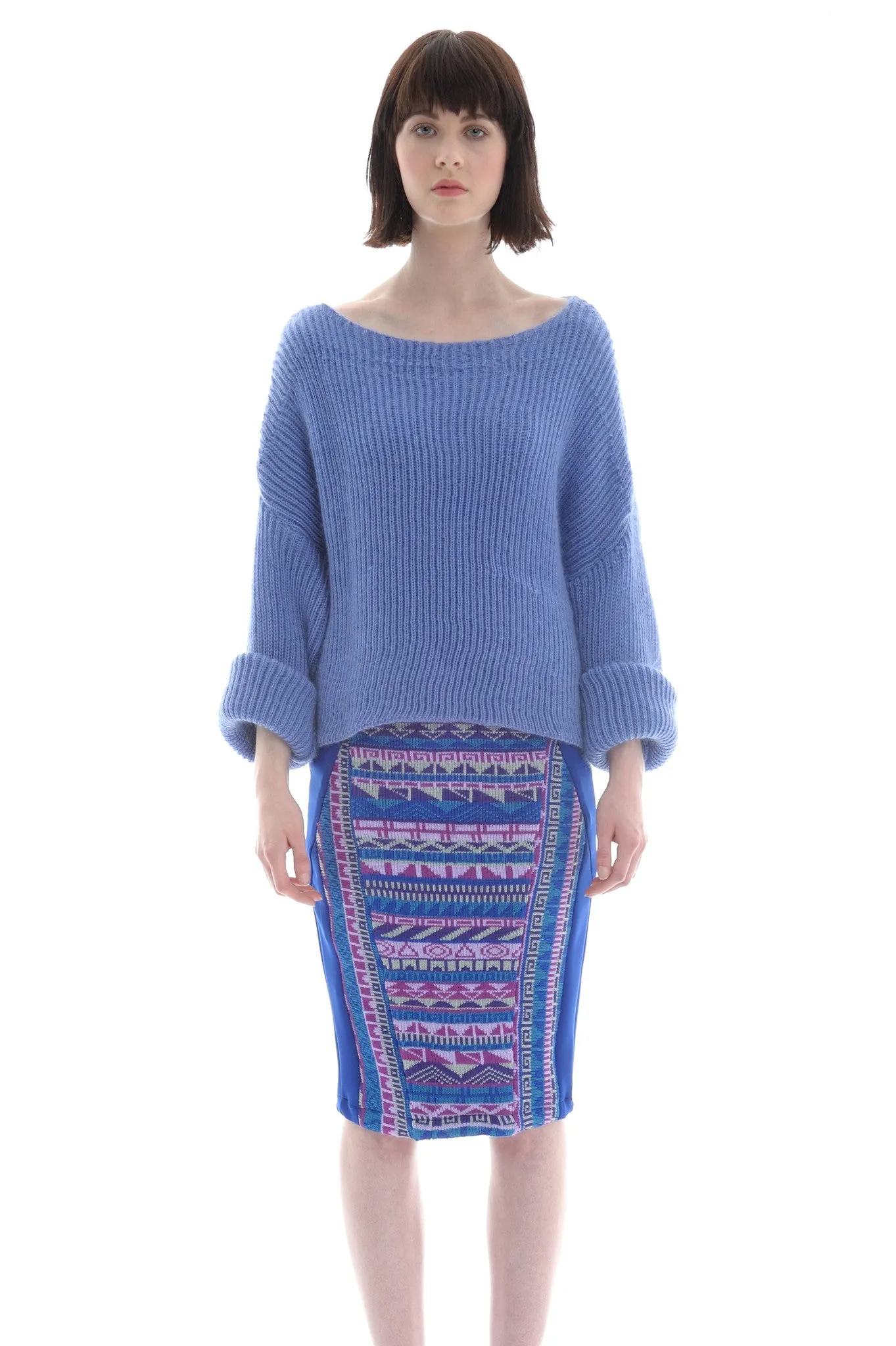 Fair Isle Pencil Skirt in Blue, Purple and Lilac Geometric Pattern