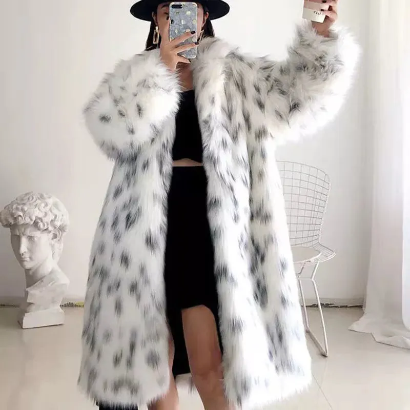 Faux Fox Fur Plus Size Coat for Women. White Fur with Long Sleeve Jacket