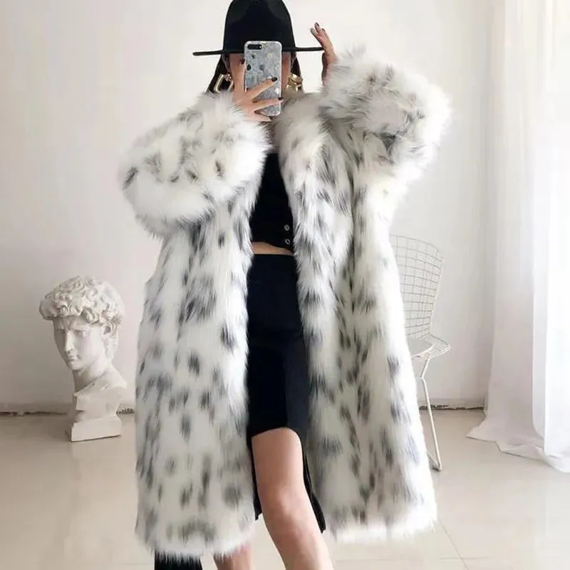 Faux Fox Fur Plus Size Coat for Women. White Fur with Long Sleeve Jacket