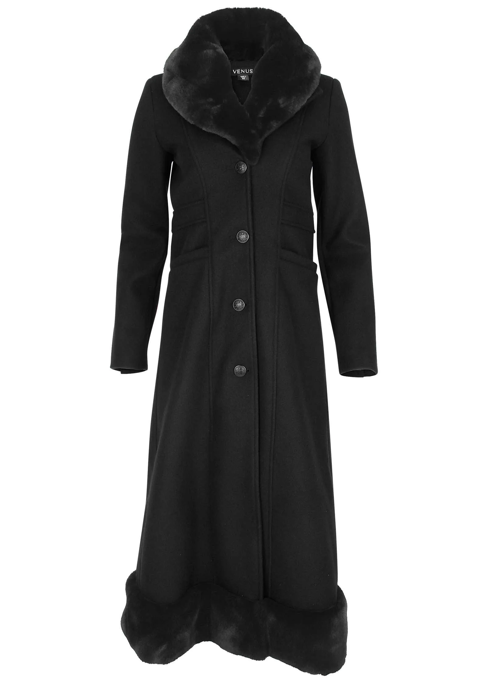 Faux-Fur Trim Long Coat - Black