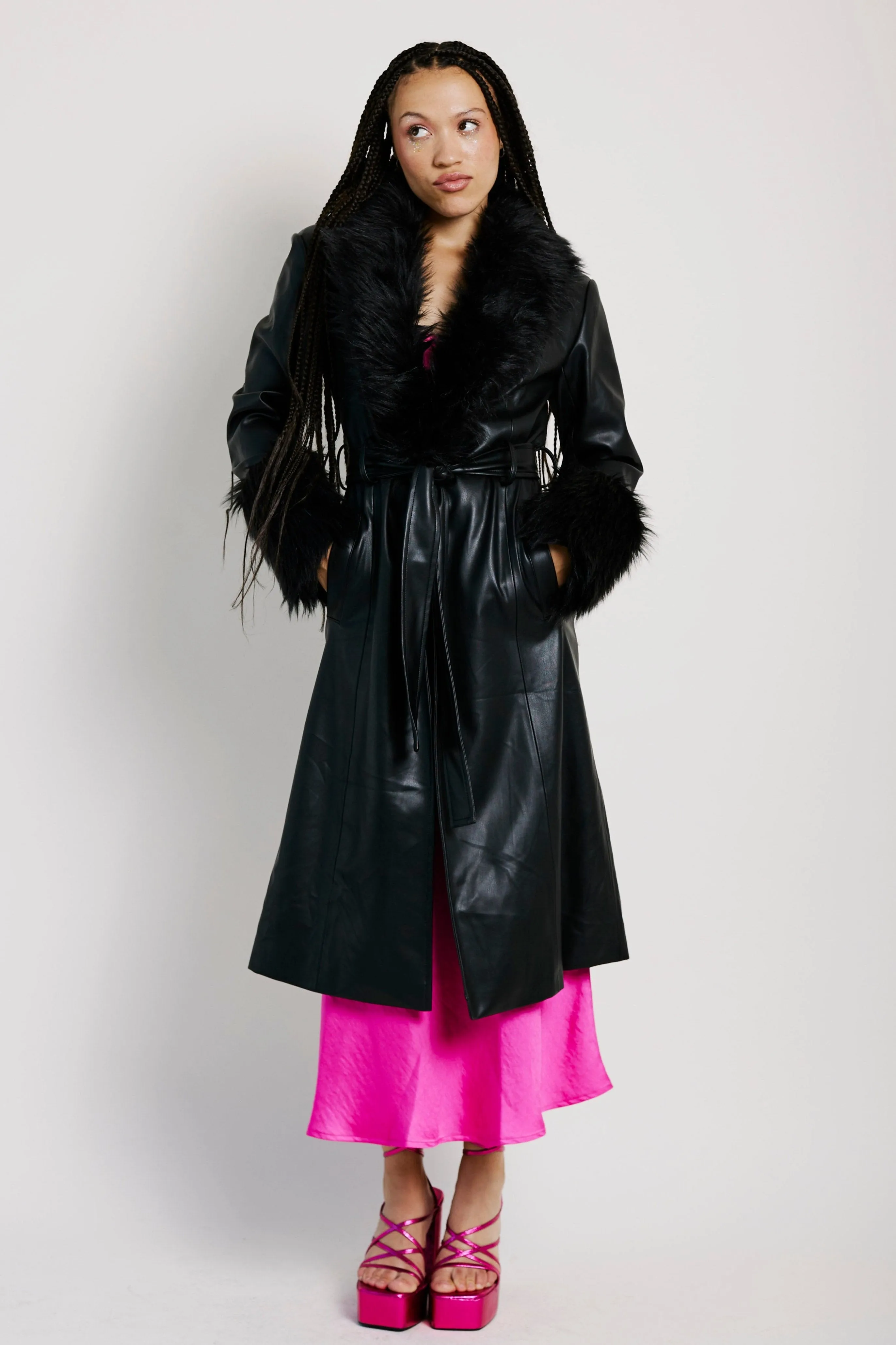 Faux Leather with Fur Collar and Cuff in Black