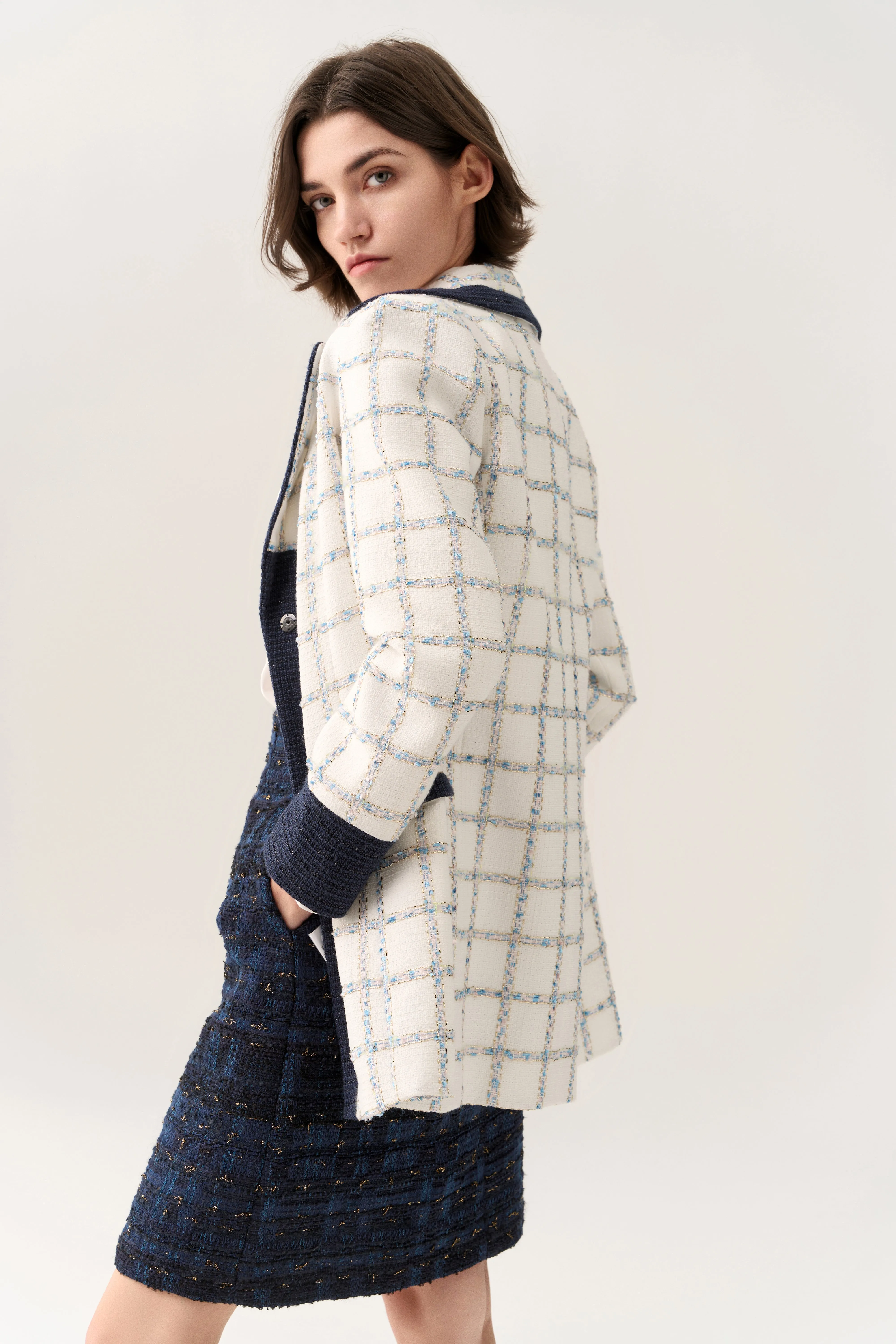 Flap-pocket Check Midi Coat