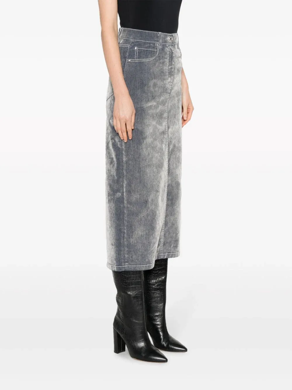 Flocked Denim Grey Midi Skirt