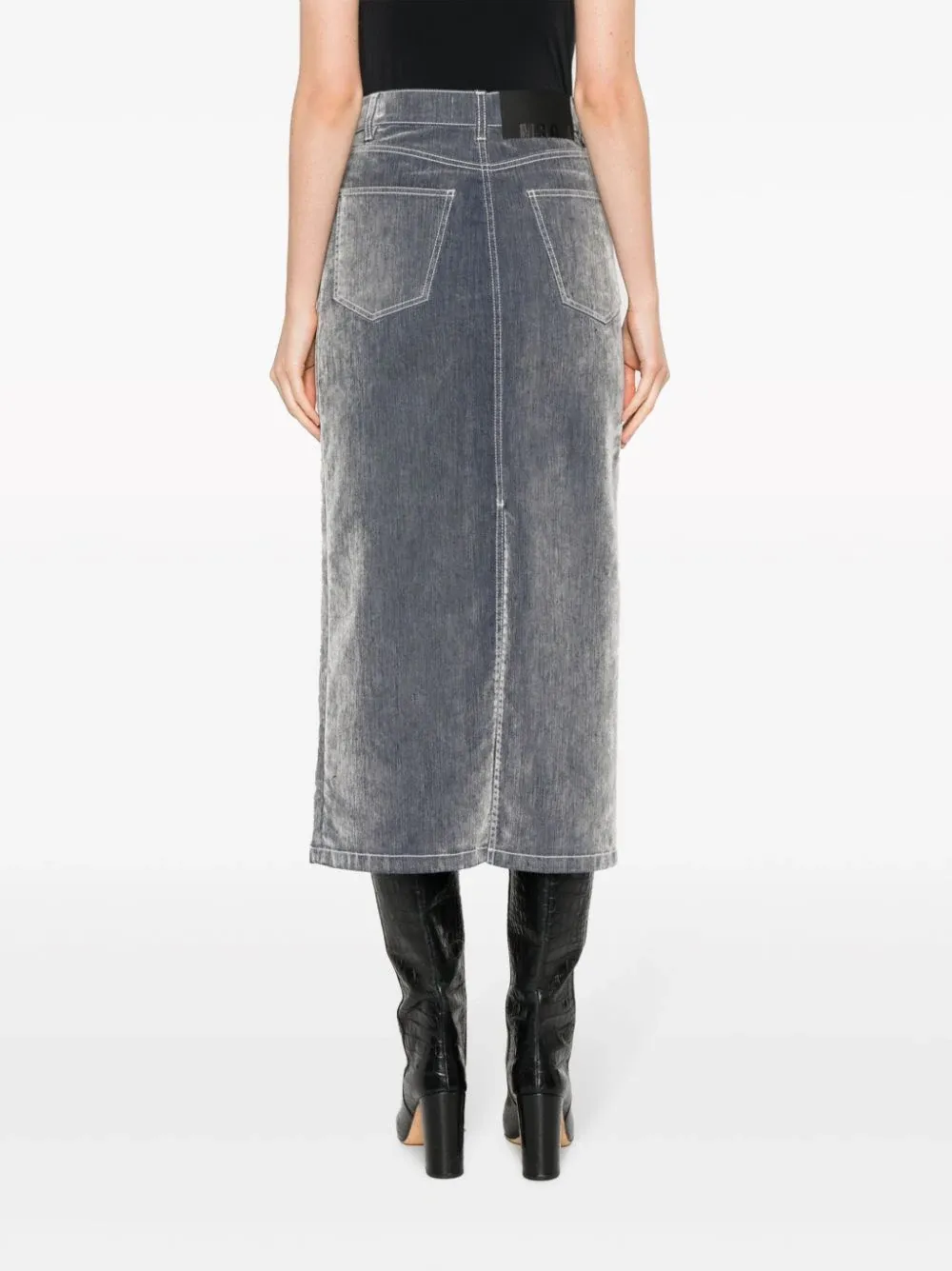 Flocked Denim Grey Midi Skirt