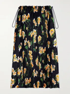 Floral-print plissé-satin midi skirt