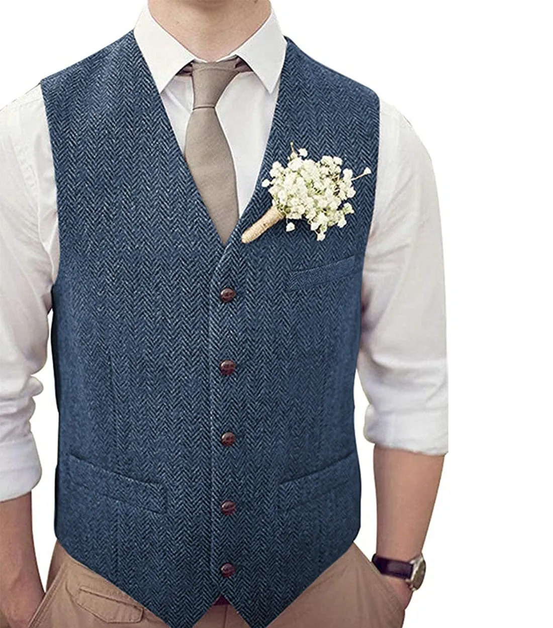 Formal Men's Suit Vest Herringbone V Neck Waistcoat for Wedding